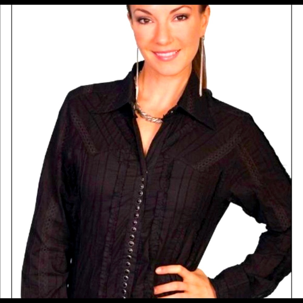 Scully Pearl Snap Button Lace Long Sleeve Western Shirt Black Cotton Women's M